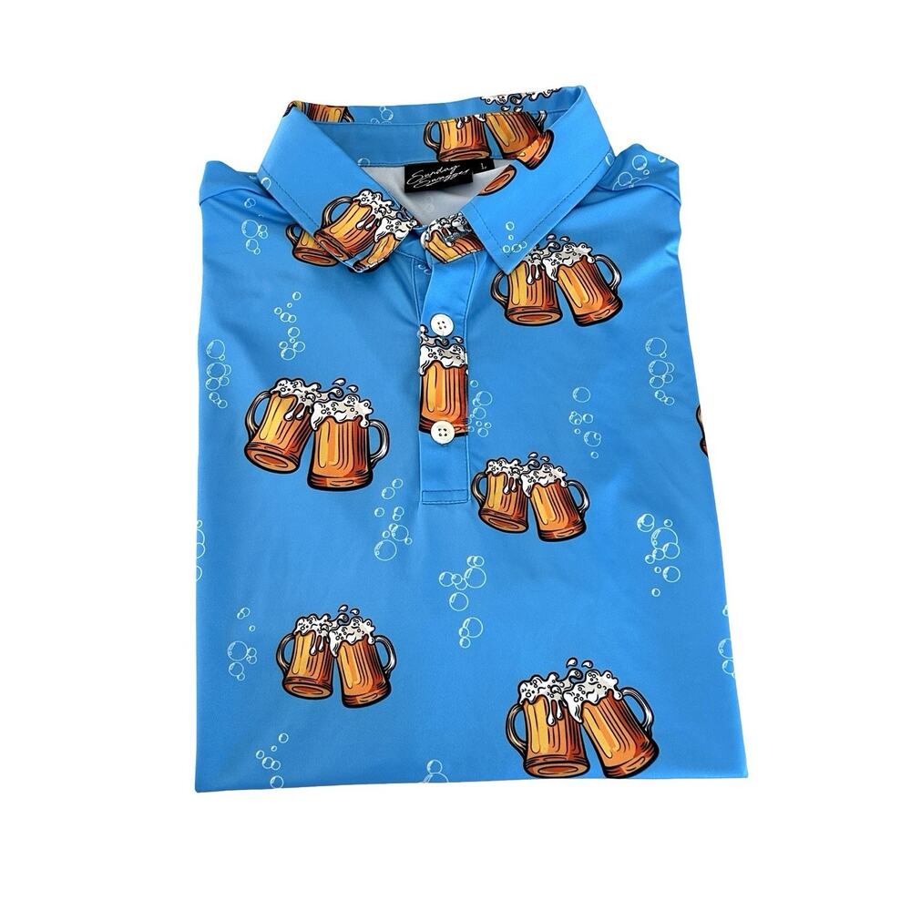 Sunday Swagger Golf Polo Shirt Mens Size L Blue Beer Stein Mugs Performance